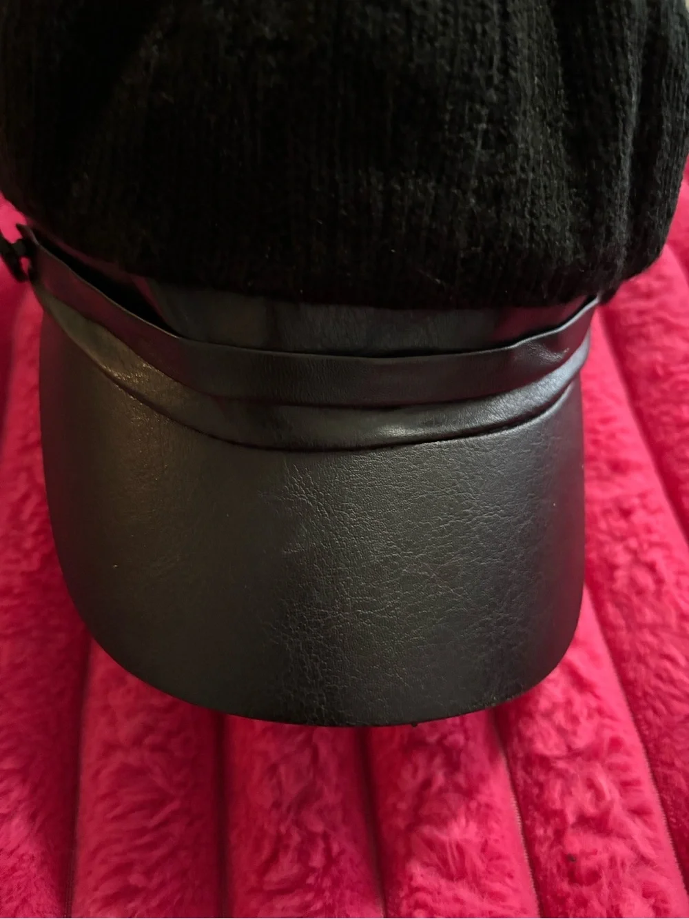 Black Knit Cadet Hat with Faux Leather Brim | One Size | Classic Newsboy Cap
